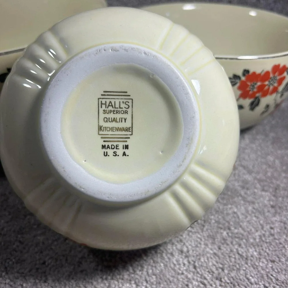 Hall China Mixing Bowls Ivory Red‎ Wild Poppy Floral Nesting Set of 3 Vintage